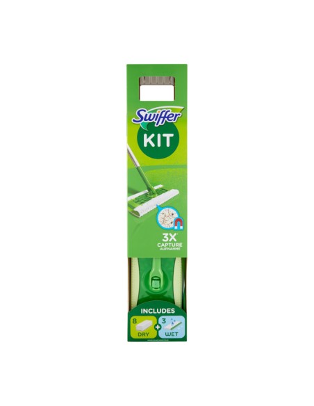 offerta Swiffer Dry+Wet Kit Scopa 1 Manico + 8 Panni Cattura Polvere+ 3 Panni Umidi Lavapavimenti
