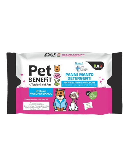 offerta Pet Benefit Panni Detergenti Rinfrescanti per Manto Cani e Gatti Fragranza Muschio 40 Pz