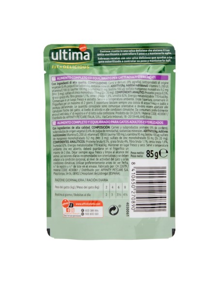offerta Ultima Fit & Delicious Adulto Cibo Umido in Salsa per Gatti Sterilizzati con Agnello 85 g