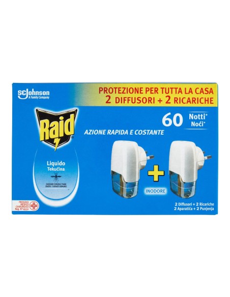 offerta Raid Liquido Elettrico Antizanzare 60 Notti 2 Diffusori e 2 Ricariche Inodore 