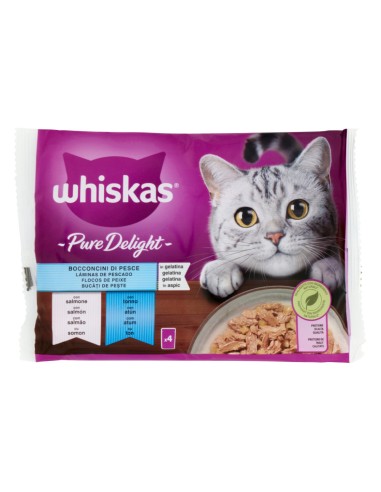 offerta Whiskas Pure Delight Cibo Umido Gatti Bocconcini di Pesce Salmone e Tonno 4x85 g